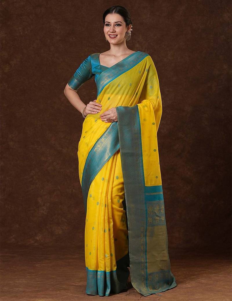 Yellow ethnic motifs woven design zari saree with unstitched blouse