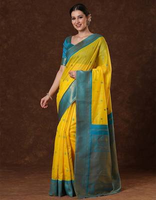 Yellow ethnic motifs woven design zari saree with unstitched blouse 2