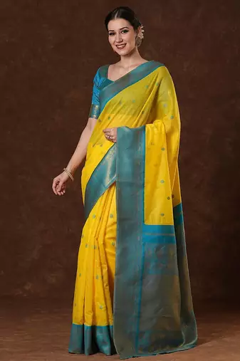 Yellow ethnic motifs woven design zari saree with unstitched blouse