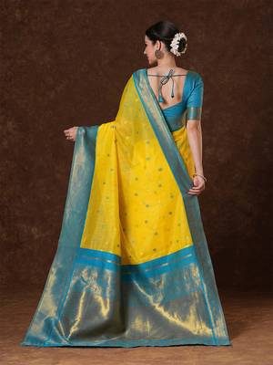 Yellow ethnic motifs woven design zari saree with unstitched blouse 3