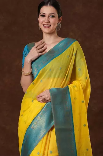 Yellow ethnic motifs woven design zari saree with unstitched blouse
