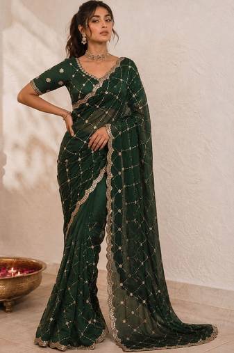 Green embroidered satin saree