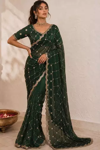 Green embroidered satin saree
