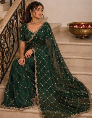 Green embroidered satin saree 2