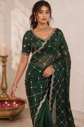 Green embroidered satin saree