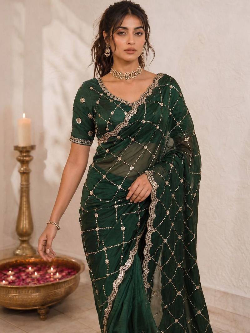 Green embroidered satin saree