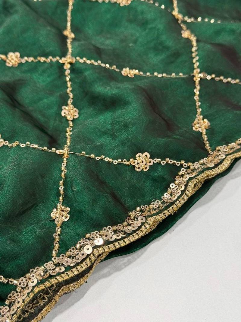 Green embroidered satin saree