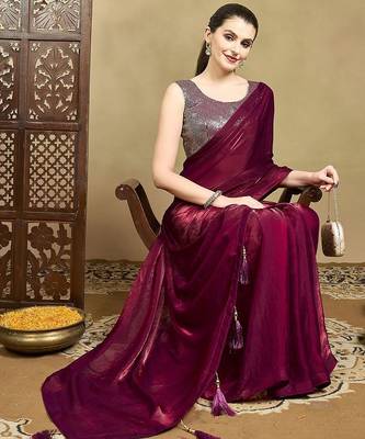 Burgundy women solid saree with blouse 1