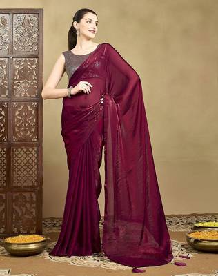 Burgundy women solid saree with blouse 2