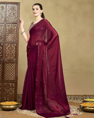 Burgundy women solid saree with blouse 3