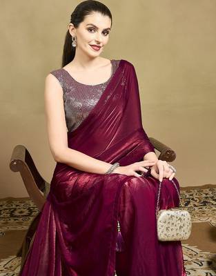 Burgundy women solid saree with blouse 5
