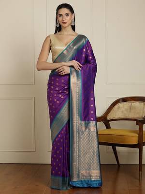 Purple ethnic motifs woven design kanjeevaram saree with blouse 1