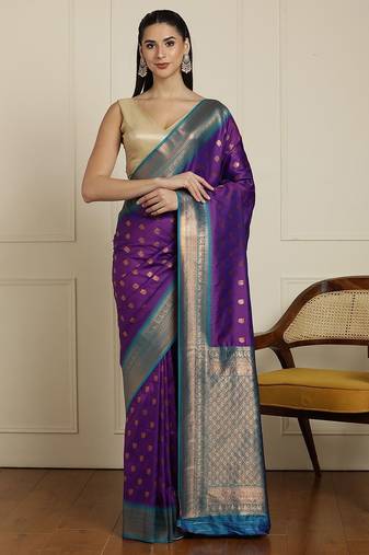 Purple ethnic motifs woven design kanjeevaram saree with blouse