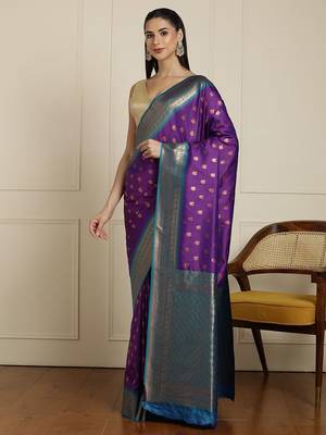 Purple ethnic motifs woven design kanjeevaram saree with blouse 2
