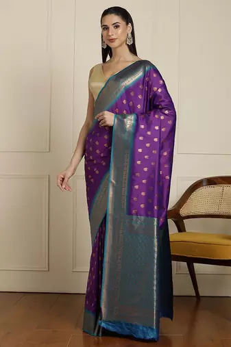 Purple ethnic motifs woven design kanjeevaram saree with blouse