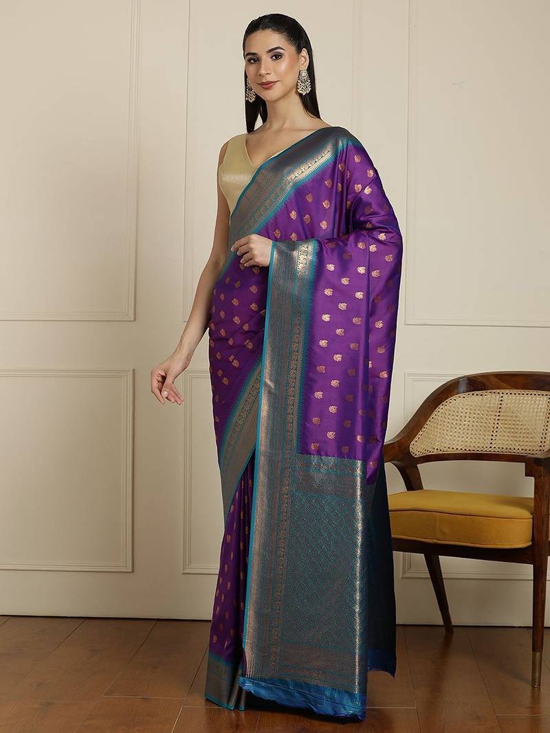 Purple ethnic motifs woven design kanjeevaram saree with blouse