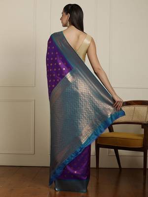 Purple ethnic motifs woven design kanjeevaram saree with blouse 3