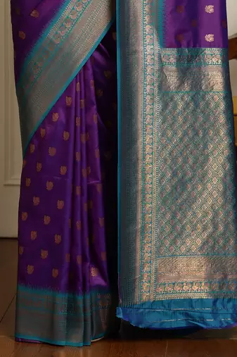 Purple ethnic motifs woven design kanjeevaram saree with blouse