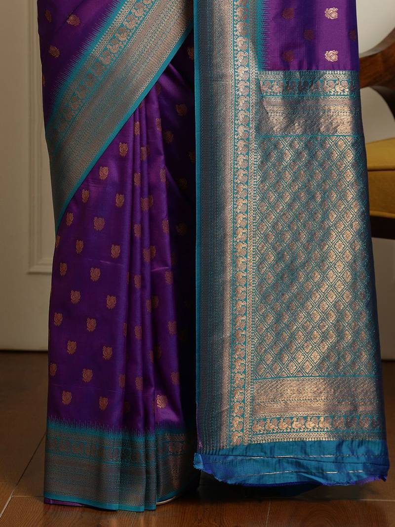 Purple ethnic motifs woven design kanjeevaram saree with blouse