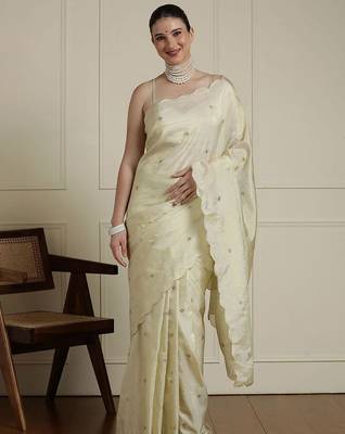 Cream embroidered sequinned georgette saree 1