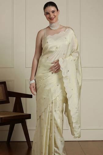 Cream embroidered sequinned georgette saree
