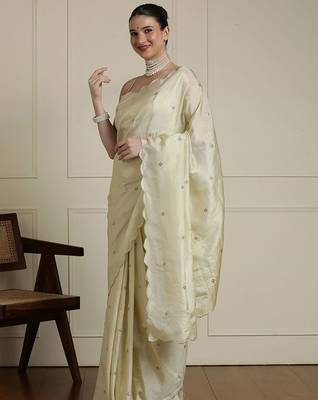 Cream embroidered sequinned georgette saree 2