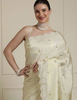 Cream embroidered sequinned georgette saree 4