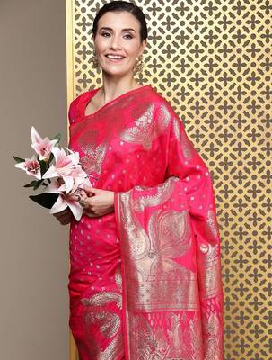 Magenta ethnic motifs zari silk blend banarasi saree 1