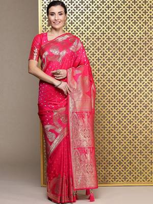 Magenta ethnic motifs zari silk blend banarasi saree 2