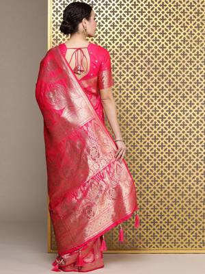 Magenta ethnic motifs zari silk blend banarasi saree 3