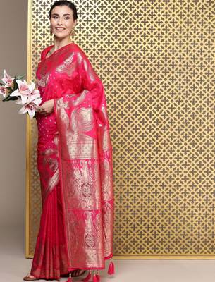 Magenta ethnic motifs zari silk blend banarasi saree 4