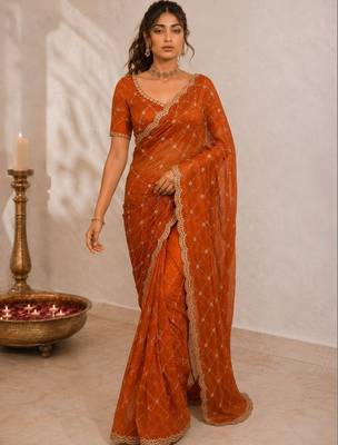 Rust sequinned satin saree 1
