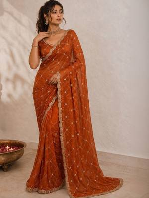 Rust sequinned satin saree 3