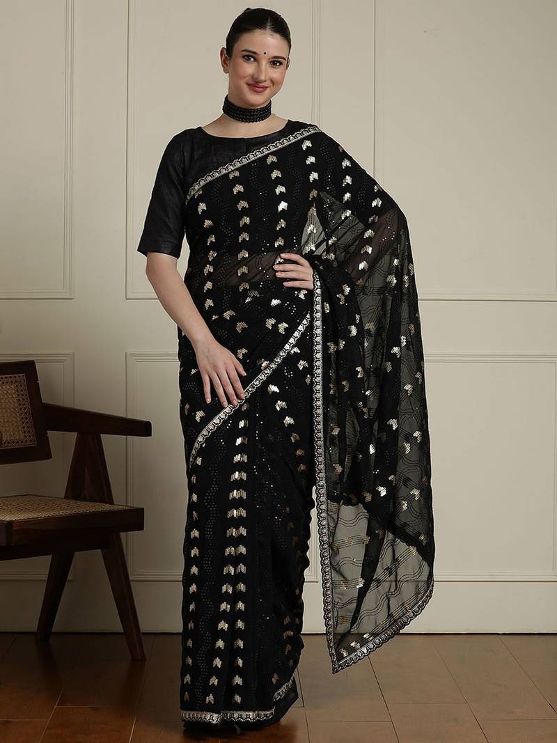 Black geometric embellished sequinned saree with blouse