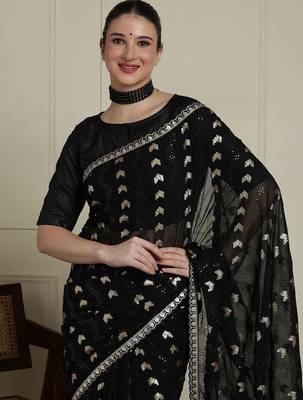 Black geometric embellished sequinned saree with blouse 4