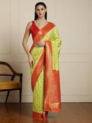 Green ethnic motifs woven design zari kanjeevaram saree 1