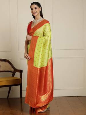 Green ethnic motifs woven design zari kanjeevaram saree 2
