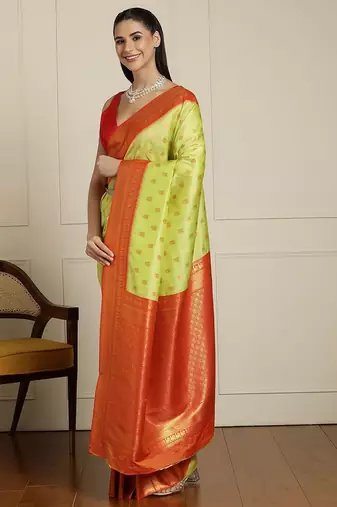 Green ethnic motifs woven design zari kanjeevaram saree