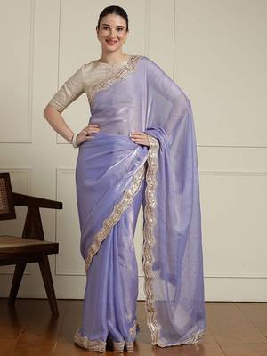 Lavender embellished border saree with unstitched blouse 1