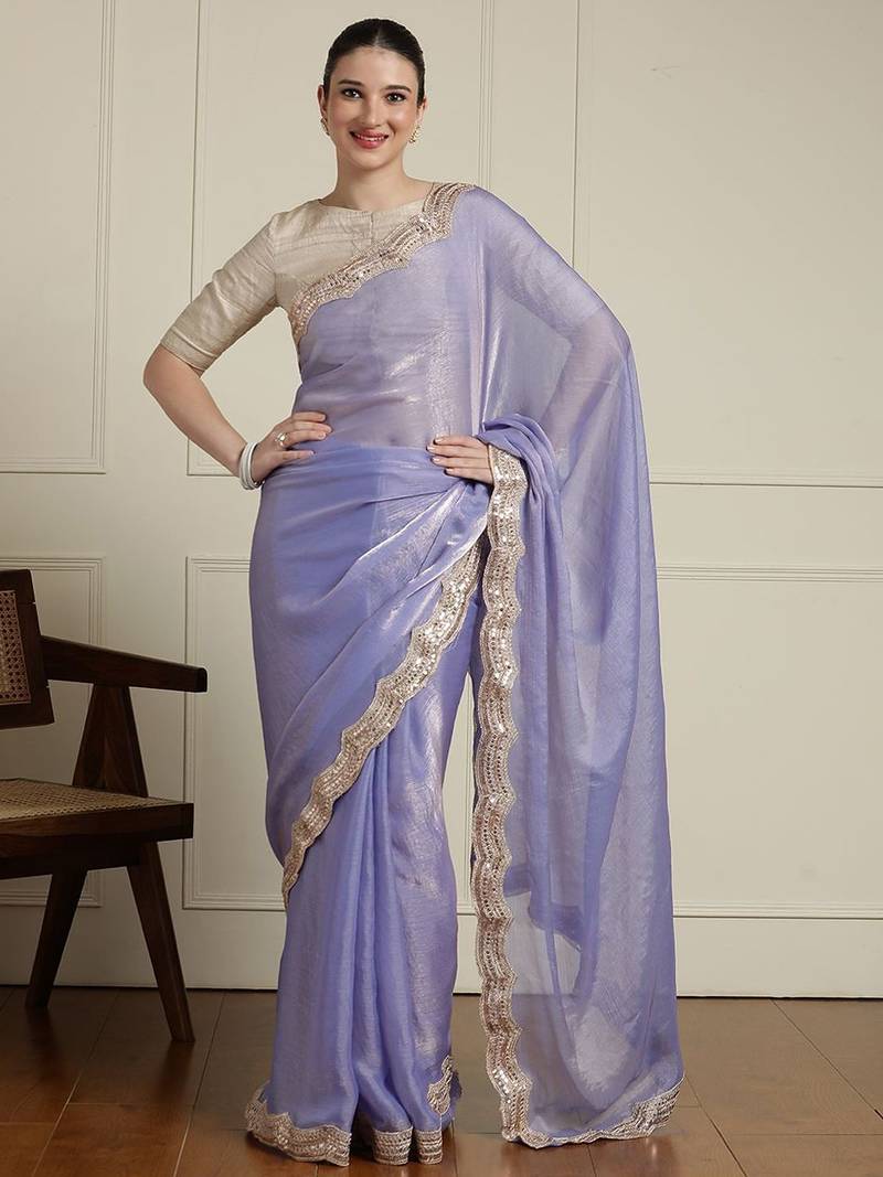 Lavender embellished border saree with unstitched blouse