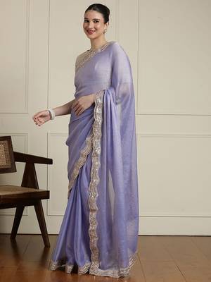Lavender embellished border saree with unstitched blouse 2