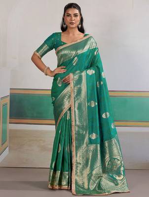 Teal ethnic motifs woven design zari saree with unstitched blouse 1