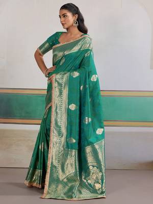 Teal ethnic motifs woven design zari saree with unstitched blouse 2