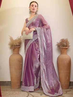 Lavender embroidered border saree with blouse piece 1