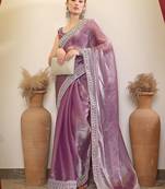 Lavender embroidered border saree with blouse piece