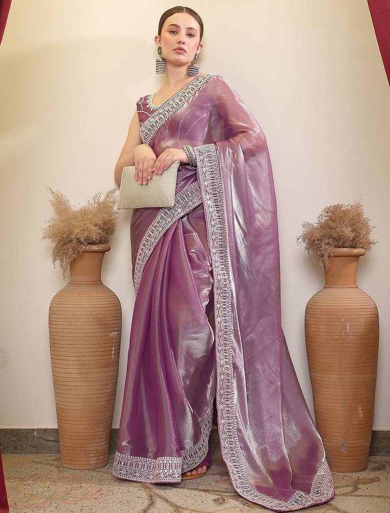 Lavender embroidered border saree with blouse piece