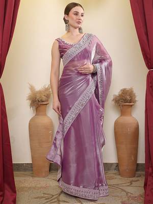 Lavender embroidered border saree with blouse piece 2