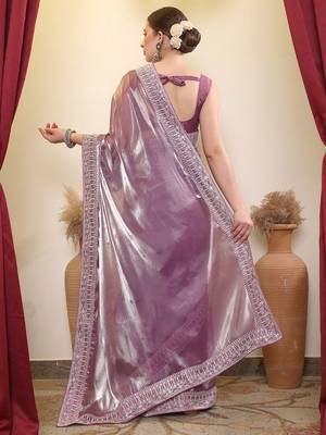 Lavender embroidered border saree with blouse piece 3