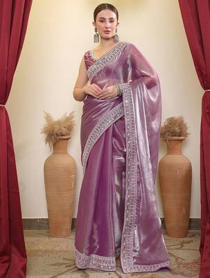 Lavender embroidered border saree with blouse piece 4