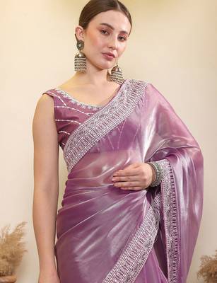 Lavender embroidered border saree with blouse piece 5